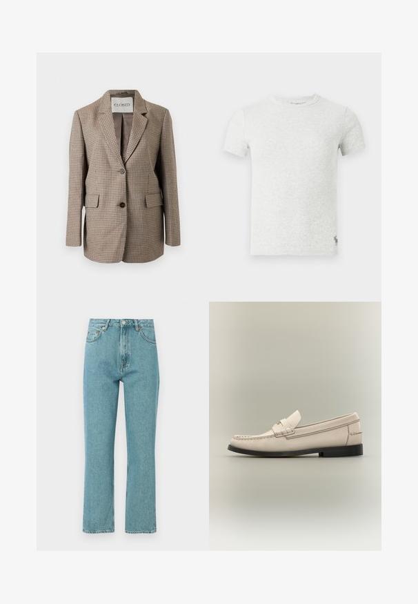 Brun og beige ternet blazer med to forreste knapper og klaplommer, med notchet reverskrave og glat inderfor.; Lysegrå ribbet T-shirt med korte ærmer og rund halsudskæring med lille broderet logo nær sømmen på venstre side.; Lyseblå, høj talje jeans med lige ben-design. Lavet af denim, featuring forlommer og knaplukning.; Beige læder herresko med sort sål og dekorativ remdetalje på lys grå baggrund.