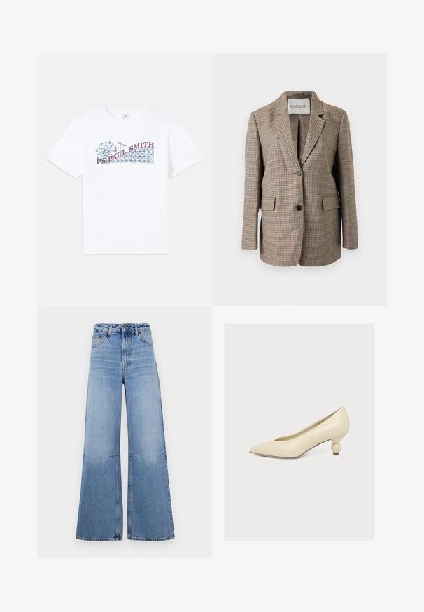 Bruin en beige geruite blazer met twee voorste knopen en klepzakken, met een ingesneden reverskraag en een gladde voering.; Witte katoenen t-shirt met een kleurrafische afbeelding van een reuzenrad en een achtbaan, met de tekst "PS Paul Smith" in rood en blauw.; Lichtblauwe wijde denimjeans met hoge taille, met voorzakken en naaddetails die verticaal over de benen lopen.; Crèmekleurige pumps met een puntige neus en een lage, unieke bolvormige hak op een effen witte achtergrond.
