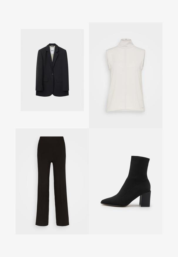Sort habitjakke med enkelt knap, hakkede revers, to forlommer med klap og en brystlomme på en lys baggrund.; Ærmeløs hvid turtleneck top i glat stof, med en central søm og et diskret logo-tag i bunden. Minimalistisk design.; Sorte, vide benbukser lavet af et glat stof med en tætsiddende høj talje og uden synligt hardware eller mønstre.; Sort ankelstøvle lavet af strækstof, med spids tå og firkantet blokhæl, og med ribbet kant øverst.