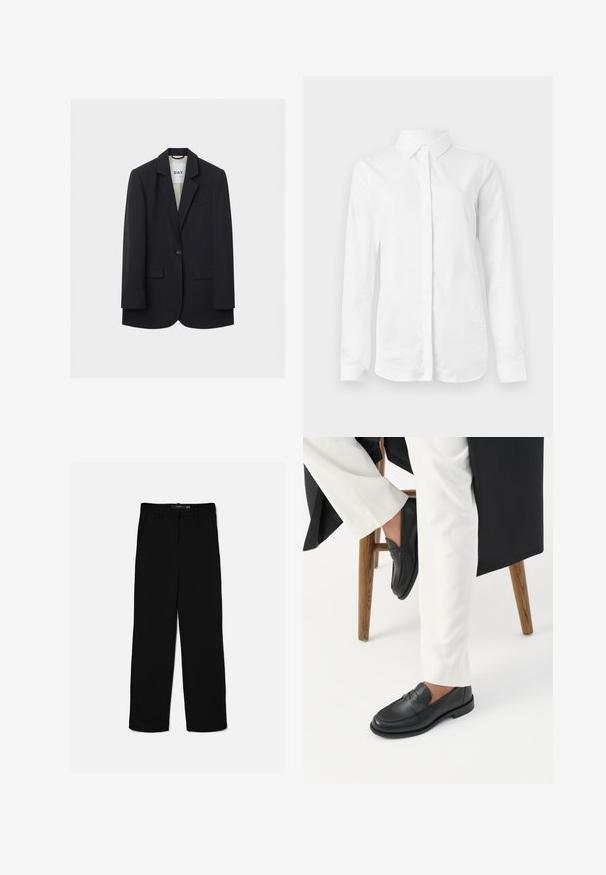 Blazer negro de un solo botón con solapas con muesca, dos bolsillos delanteros con solapa y un bolsillo de ojal en el pecho sobre un fondo claro.; Camisa blanca de manga larga hecha de algodón suave. Presenta un cuello clásico y un cierre de botones en la parte delantera, con un dobladillo recto y sin patrones.; Pantalones negros de corte recto con trabillas, cremallera frontal y bolsillos laterales, colocados planos sobre un fondo claro.; Persona con mocasines de cuero negro y pantalones blancos sentada en un taburete de madera contra un fondo blanco.