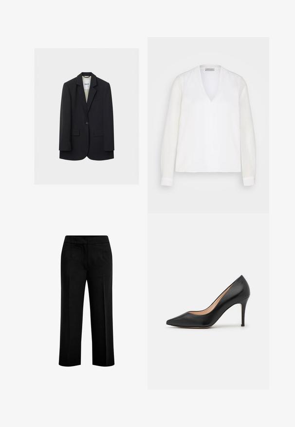 Schwarzer Ein-Knopf-Blazer mit notched Revers, zwei vorderen Pattentaschen und einer Brustleistentasche vor hellem Hintergrund.; Weiße Bluse mit langen Ärmeln und V-Ausschnitt, mit einer glatten Textur und subtilen Nahtdetails vorne, gestaltet für einen lockeren Sitz.; Schwarze, weite Hosen aus glattem Stoff mit zwei vorderen Taschen und einem flachen Bund. Maßgeschneiderter Schnitt mit klarer Silhouette.; Schwarzer Leder-Pump mit hohen Absätzen und spitzem Zehenbereich. Glatte Textur, schlanker Stilettostiletto und eine von der Seitenansicht sichtbare beigefarbene Innensohle.