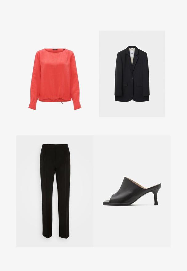 Blazer noir à un bouton avec revers crantés, deux poches avant à rabat et une poche poitrine passepoilée sur fond clair.; Blouse en lin rouge avec un col rond, des manches longues et un détail de ourlet avec cordon froncé. Texture lisse sans motifs ni accents visibles.; Pantalon noir au design ajusté, jambes droites, plis simples et détails de poches. Fabriqué en tissu lisse et léger.; Selected ASHLEY - Mules à talons - black