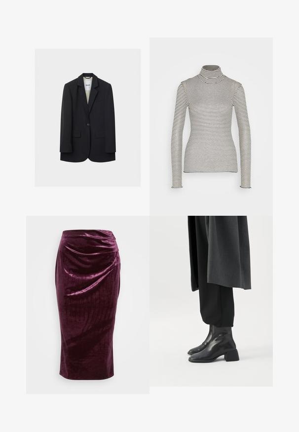 Čierny jednoklapkový blejzer s výrezmi na klopách, dvoma prednými vreckami s chlopňou a náprsné vrecko na svetlom pozadí.; Anna Field by Zalando Top s dlhým rukávom - beige/black; Burgundská zamatová úzka sukňa s drapériou a hladkou textúrou; má vysoký pás a zúžený strih, končiaci na dĺžke kolena.; Čierne kožené členkové čižmy s nízkymi blokovými podpätkami nosené s čiernymi nohavicami a tmavosivým dlhým kabátom.