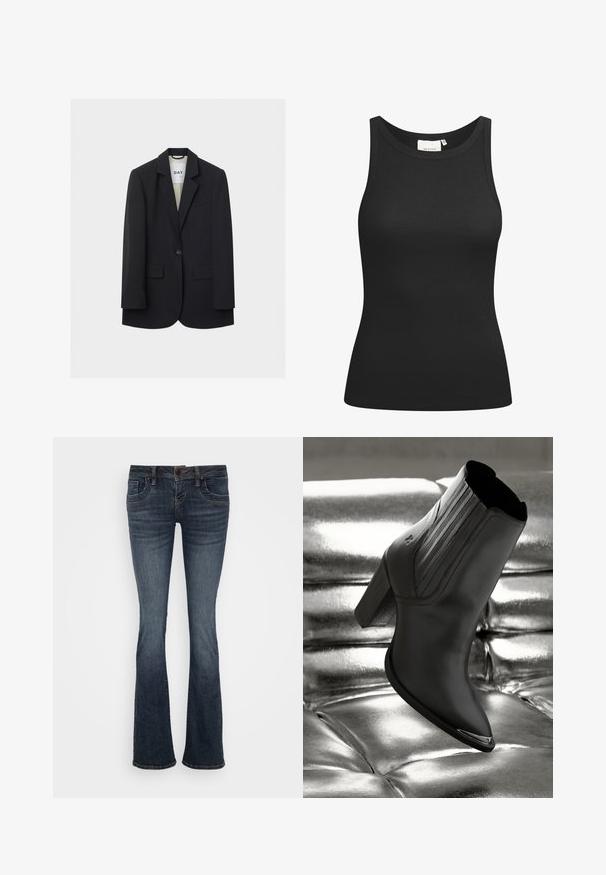 Schwarzer Ein-Knopf-Blazer mit notched Revers, zwei vorderen Pattentaschen und einer Brustleistentasche vor hellem Hintergrund.; Schwarzes Tanktop aus Rippstoff mit Rundhalsausschnitt und figurbetonter Passform. Flache Nähte und keine Verzierungen. Einfaches und elegantes Design.; Dunkelblaue ausgestellte Jeans mit mittelhohem Bund, fünf Taschen und subtilen Stichakzenten. Hergestellt aus Denim mit glatter Textur.; Schwarze Leder-Ankle-Boots mit einem hohen Absatz, die vertikale Nähte und einen glänzenden silbernen Akzent auf der Zehe aufweisen, vor einem metallischen Hintergrund.