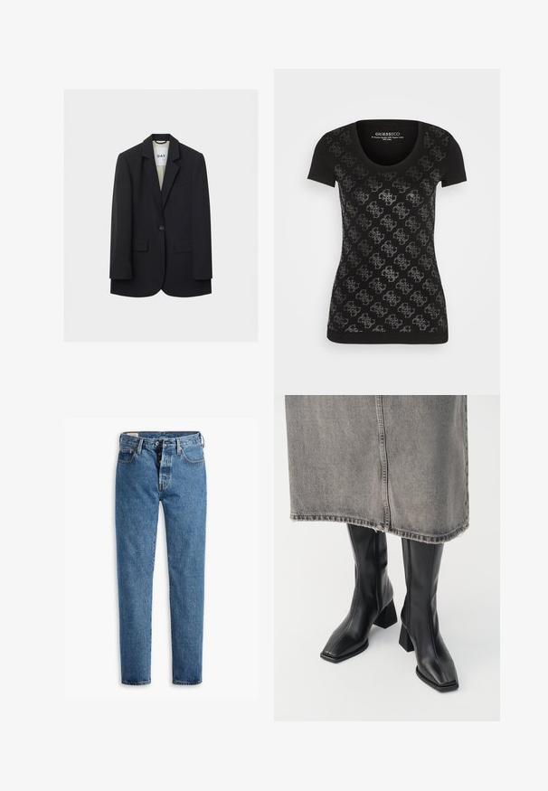 Zwarte blazer met één knoop, met inkeping revers, twee voorzakken met klep en een borstpaspelzak op een lichte achtergrond.; Zwarte T-shirt met korte mouwen en een ronde halslijn, voorzien van een herhaald zilveren patroon op de voorkant, gemaakt van een zachte katoenmix.; Lichtblauwe spijkerbroek met een rechte snit, vijf zakken en een standaard knoopsluiting. Heeft oranje stiksels en een licht vervaagde textuur.; Zwarte laarzen tot de knie van soepel leer met een vierkante neus en blokhak. Draag ze met een grijze denim rok met een rafelige zoom.