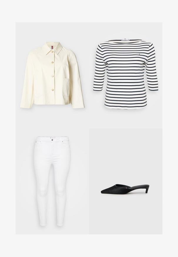 Off-white langærmet jakke med krave, fire knapper foran og to store påsatte lommer.; Stribet top med bådudskæring. Lavet af blødt stof med horisontale navy- og hvide striber. Design med trekvartærmer.; Hvide stramme jeans lavet af denim med en glat tekstur, der har en frontknaplukning og bæltestropper. Ingen synlige mønstre eller detaljer.; Sorte suedeslippers med spids tå og lav hæl. Har en glat tekstur og åben ryg for nem påklædning. Simpelt design uden mønstre.