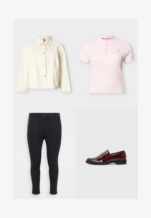 Off-white langærmet jakke med krave, fire knapper foran og to store påsatte lommer.; Lyserød kortærmet strikket polo med tekstureret diamantmønster, fire gyldne knapper og lille broderet logo på brystet.; Sorte tætsiddende jeans lavet af denim med en frynset kant ved anklen, to forlommer og en knaplukning i taljen.; Burgunderfarvede patentlæder loafers med en rund tå, der har et dekorativt bånd og guldaccent, sat på en sort gummisål.