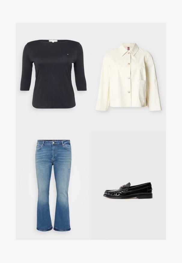 Chaqueta larga de manga larga color blanco roto con cuello, cuatro botones en la parte delantera y dos grandes bolsillos de parche.; Top negro de manga tres cuartos hecho de suave tela de algodón. Presenta un escote barco y un pequeño detalle de logo en el pecho.; Vaqueros acampanados de color azul claro con textura de mezclilla, diseño de cinco bolsillos, cierre de botón de latón y desgaste en los muslos y la parte inferior de las piernas.; Mocasines de cuero negro con puntera redondeada, costuras decorativas y un pequeño acento dorado en el empeine. Suela plana de goma, diseño elegante.