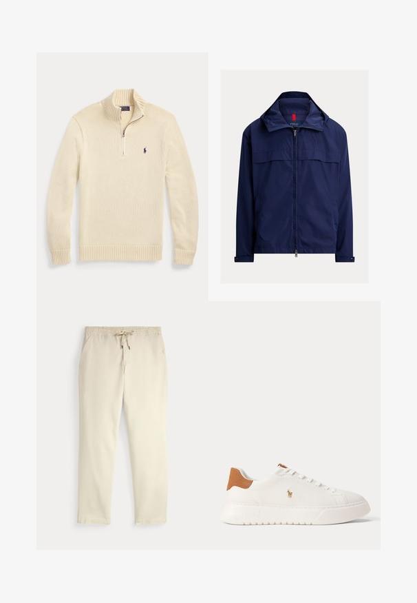 Marineblauwe lichtgewicht jas met rits, opstaande kraag, knoopmanchetten en zijzakken, Polo Ralph Lauren-logo op de borst.; Roomkleurige lange mouw gebreide trui met halve rits aan de voorkant, geribde kraag, manchetten en zoom, met een klein donker Polo-logo op de borst.; Off-white casual broek met elastische tailleband en trekkoord, rechte pijpen en zijzakken op een effen achtergrond.; Witte lage sneaker met beige hieltab, witte veters en klein geborduurd polo spelerlogo aan de zijkant boven een dikke zool.