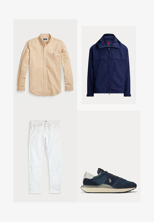 Ľahká námornícka modrá bunda na zips so stojatým golierom, zapínacími manžetami a bočnými vreckami, logo Polo Ralph Lauren na hrudi.; Svetlo béžová košeľa s gombíkmi z bavlny, ktorá má klasický golier, dlhé rukávy, biele gombíky a malé modré logo na hrudi.; Biele slim fit džínsy s piatimi vreckami, zapínaním na gombíky a opaskovými pútkami, položené na rovnej svetlej jednofarebnej podložke.; Tmavomodré a biele tenisky s semišovými a textilnými panelmi, bielym logom na boku, bielou pätkovou slučkou a béžovou podrážkou s čiernym vzorom.
