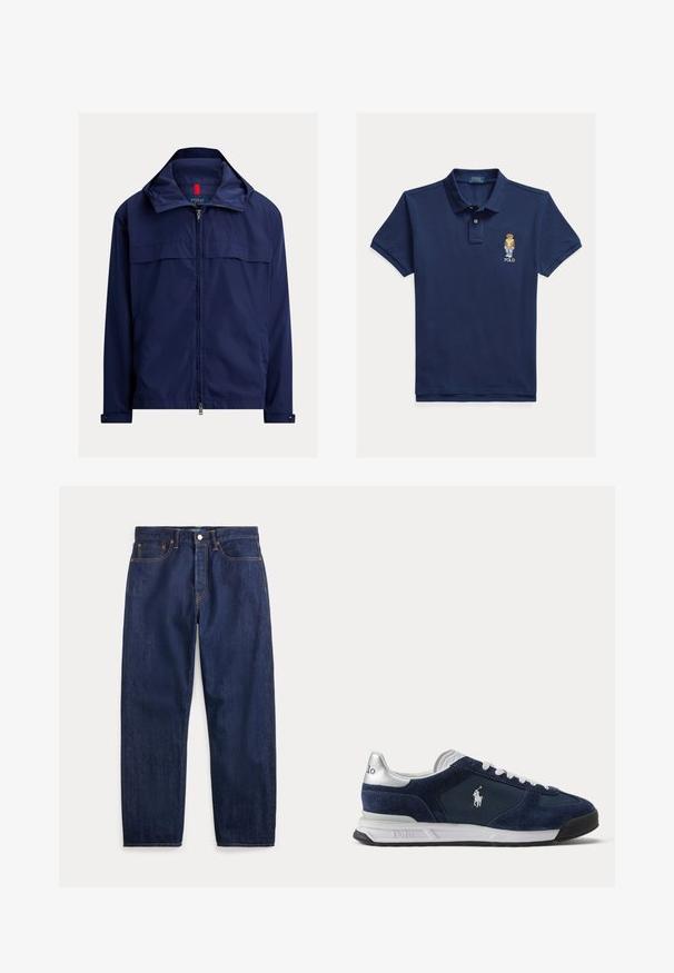 Marineblauwe lichtgewicht jas met rits, opstaande kraag, knoopmanchetten en zijzakken, Polo Ralph Lauren-logo op de borst.; Donkerblauw polohemd van katoen, met een drieknopsbies en een geborduurd berenlogo op de linkerborst. Korte mouwen met een klassieke pasvorm.; Donkerblauwe denim jeans met rechte pijpen, vijf zakken, knoopsluiting en zichtbare stiksels.; Heren Polo sneaker in marineblauw en wit met suède en mesh panelen, witte veters en het Polo-logo aan de zijkant en hiel.