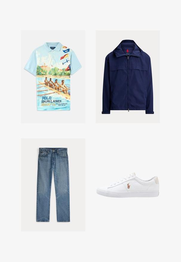 Ľahká námornícka modrá bunda na zips so stojatým golierom, zapínacími manžetami a bočnými vreckami, logo Polo Ralph Lauren na hrudi.; Svetlomodrá polo košeľa s potlačou v retro štýle znázorňujúcou veslársky tím, farebné signalizačné vlajky a nápis "Polo Ralph Lauren Regatta Race of Champions Sept 08-67."; Svetlomodré riflové nohavice s priamym strihom, majúce päť vreciek, zapínanie na gombíky a jemné vyblednutie po celej látke.; Biele plátenné tenisky s nízkym strihom, ktoré majú béžový opasok na päte a malé vyšívané logo na boku. Gumová podrážka.