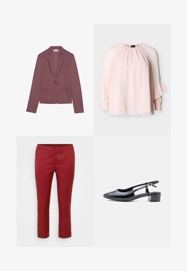 Anna Field Bleiser - mottled light pink; Helehelenroosa pluus pikkade piiskopvarrukatega, mansettide lähedal volditud detailid, kokku kogutud kaelus ja väikese keskse avaga ees.; Punased kohandatud püksid sujuva kangaga, millel on esinene nööpklclosure ja sirged jalad, mille eesmärk on luua sobiv siluett.; Mustad nahast slingback-ketsad terava nenaga, väljalõigatud külgede ja madala plokknina kinnitusega. Omab pahkluu rihma koos pandlaga.