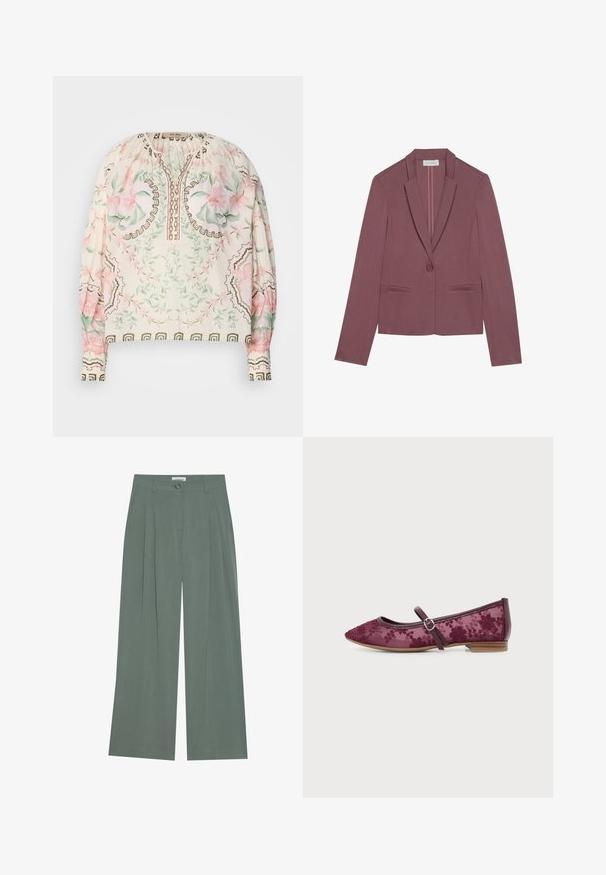 Anna Field by Zalando Blazer - mottled light pink; Blouse légère crème avec imprimé floral en rose et vert. Présente un col froncé et des accents bruns délicats. Manches longues.; Pantalons larges verts avec plis avant, fermeture à bouton et poches latérales. Fabriqués en tissu doux et léger avec une texture lisse.; Chaussure plate bordeaux avec motif en dentelle florale, bout pointu et bride ajustable avec boucle argentée, sur fond blanc.