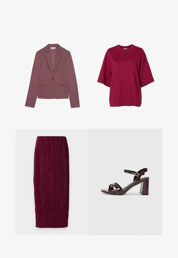 Anna Field Blazer - mottled light pink; Oversized T-shirt met korte mouwen in diep rood met ruime mouwen en een ronde hals, getoond op een witte achtergrond.; Bordeaux plissé midi-jurkje met een geribbelde textuur, elastische tailleband en rechte silhouet. Glad fabric met verticale plooien.; Patent bordeaux hooggehakte sandaal met open teen, voorzien van kruisbandjes en een enkelbandje met een ronde gouden gesp. Ontwerp met blokhak.