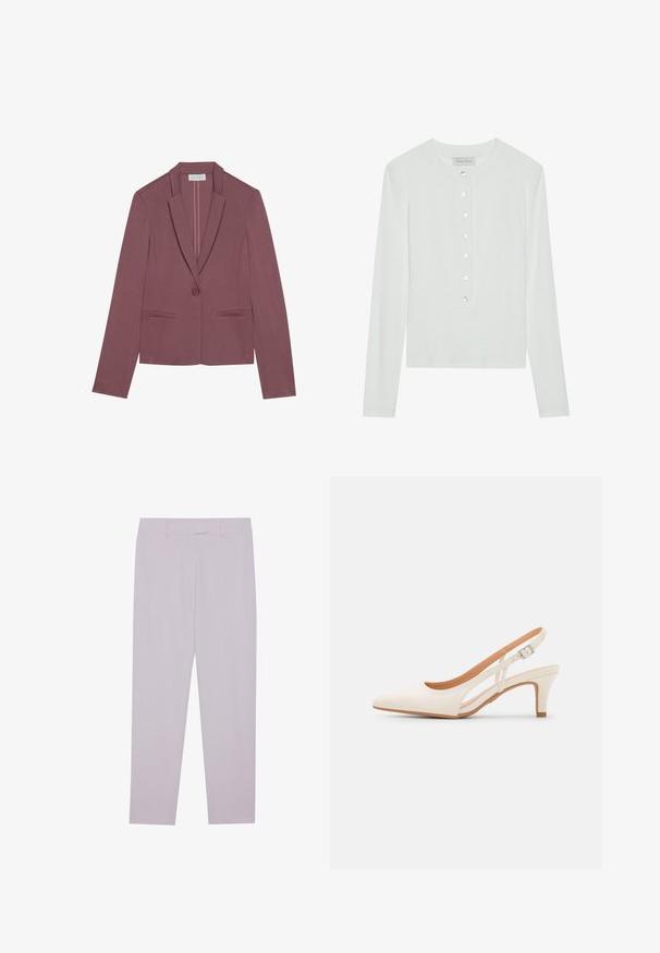 Anna Field by Zalando Σακάκι - mottled light pink; Λευκή μπλούζα με μακριά μανίκια από ριχτό ύφασμα, με στρογγυλή λαιμόκοψη και κουμπωτή μπροστινή με έξι διάφανα κουμπιά.; Απαλά μωβ παντελόνια φτιαγμένα από λείο ύφασμα, με κομψή εφαρμογή, θηλιές ζώνης και ίσια γραμμή.; Λευκή γόβα slingback με μυτερή μύτη, λείο υλικό επάνω, χαμηλό τετράγωνο τακούνι και σχέδιο με κοπή στο πλάι με ρυθμιζόμενο λουρί κουμπώματος.