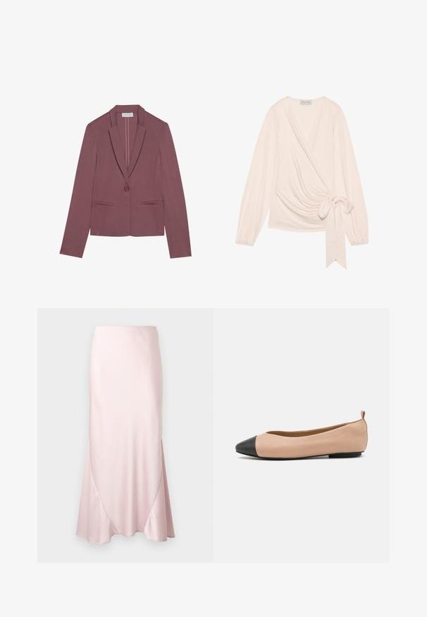 Anna Field by Zalando Blazer - mottled light pink; Omhul top in een zachte, lichtroze stof. Heeft lange mouwen, een strik in de taille en een subtiele draping aan de voorkant.; Lichtroze satijnen midi-rok met een A-lijn silhouet en subtiele diagonale naaddetails op een effen achtergrond.; Leren balletschoenen met een naakt lichaam en een zwart cap toe. Beschikt over een minimalistisch ontwerp, een gladde textuur en een klein lusje aan de achterkant voor eenvoudig aan- en uittrekken.