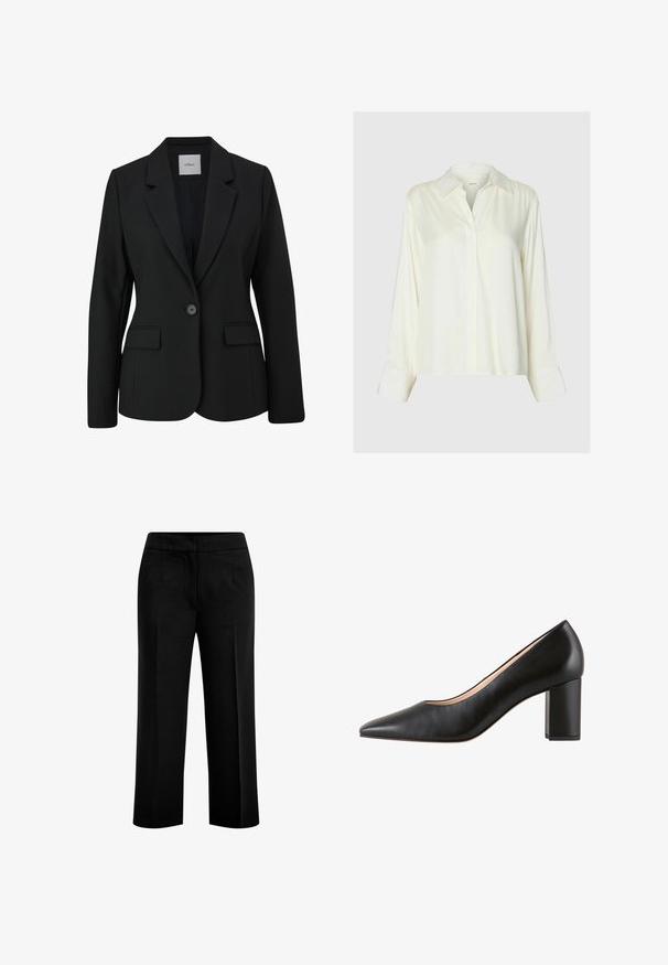 Schwarzer Blazer aus glattem Stoff, mit einem Reverskragen, einem Ein-Knopf-Verschluss und zwei Fronttaschen. Einfaches und strukturiertes Design.; Langärmlige weiße Satinbluse mit klassischem Kragen und verdeckter Knopfleiste, dargestellt auf einem einfarbigen hellgrauen Hintergrund.; Schwarze, weite Hosen aus glattem Stoff mit zwei vorderen Taschen und einem flachen Bund. Maßgeschneiderter Schnitt mit klarer Silhouette.; Högl RACHEL - Pumps - schwarz