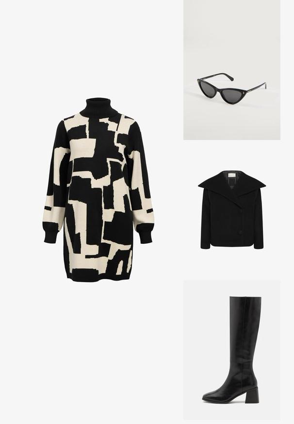 Sort uldblanding frakke med bred krave, dobbeltrækket front og store knapper. Har en glat tekstur og en skræddersyet pasform.; Sort og cremefarvet turtleneck sweater med abstrakte geometriske mønstre, der har lange ærmer og en afslappet pasform. Lavet af blødt strikket stof.; ONLY SHOES ONLBIJOU KNEE HIGH BOOT - Høje støvler/ Støvler - black; Sorte katteøje solbriller med mørke linser og slanke stænger, mærket Polaroid på stængerne, vist på en hvid overflade.