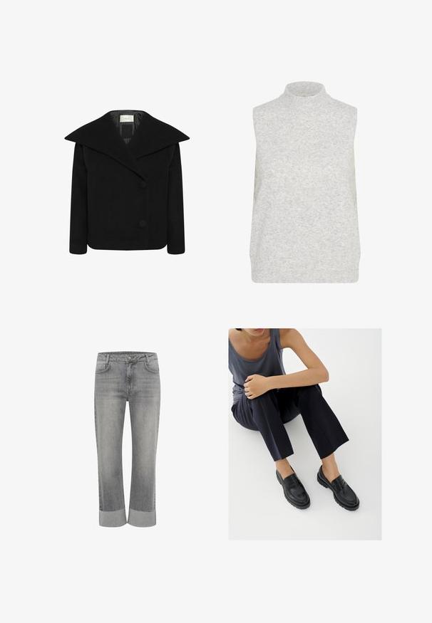 Sort uldblanding frakke med bred krave, dobbeltrækket front og store knapper. Har en glat tekstur og en skræddersyet pasform.; Lys grå ærmeløs turtleneck sweater lavet af blødt stof, med ribbet tekstur og lige kant. Ingen synlige mønstre eller hardware.; Grå denim jeans med lige ben, med foldet kant. Klassisk fem-lommestil og lukning med knap foran.; Sorte læderloafers med teksturerede detaljer, lav hæl, rund tå og synlige syninger. Modellen bærer mørke bukser og en grå top.
