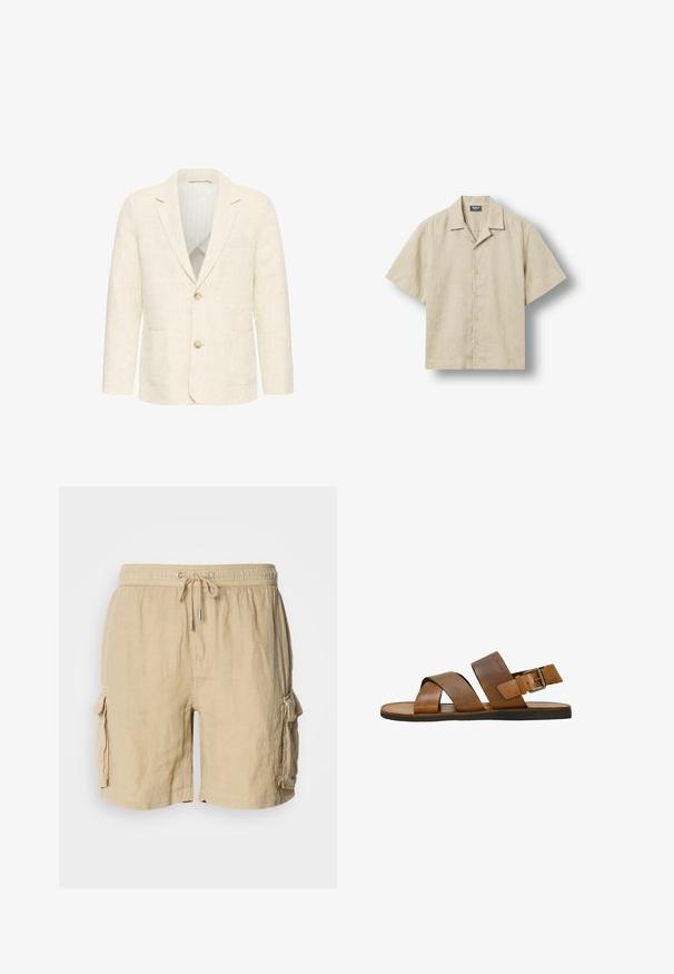 Blazer pour homme couleur crème avec deux boutons marron, revers crantés, poches avant et doublure intérieure rayée.; Chemise beige à manches courtes avec col camp, cinq boutons sur le devant et étiquette de marque à l'intérieur du col.; Shorts cargo beiges en tissu léger avec une taille élastique et un cordon de serrage. Comprend deux poches latérales et une finition texturée.; Sandale en cuir marron avec deux larges brides croisées, bride de cheville avec boucle en métal, et semelle plate noire sur fond blanc.