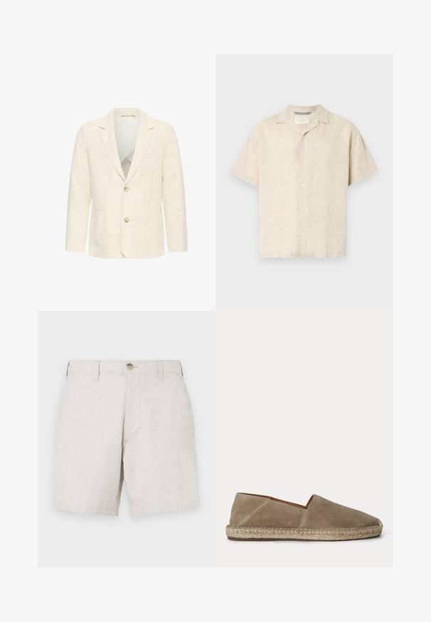 Blazer para hombre de color crema con dos botones marrones, solapas con muesca, bolsillos delanteros y forro interior a rayas.; Camisa de lino de color beige claro, de manga corta y con botones, que presenta un cuello tipo camp, líneas limpias y una textura sutil, con cinco botones en la parte delantera.; Shorts de lino beige con corte recto, con cierre frontal de botón, presillas para cinturón y dos bolsillos laterales. Tejido texturizado.; Zapato espadrille de ante beige con suela de yute trenzado y puntera cerrada y redondeada, mostrado de lado sobre un fondo liso.