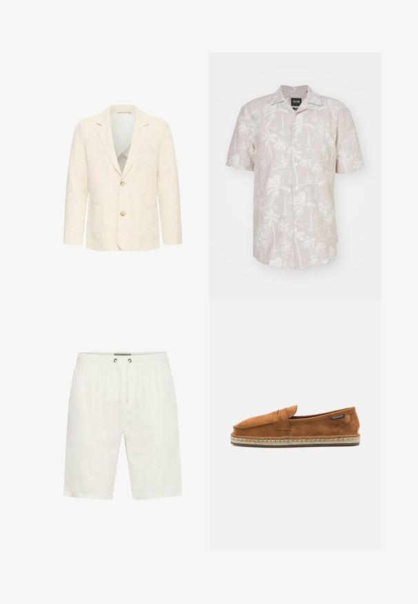 Blazer pour homme couleur crème avec deux boutons marron, revers crantés, poches avant et doublure intérieure rayée.; Chemise à manches courtes boutonnée en lin beige clair, ornée d'un motif tropical blanc de palmiers, de fleurs et de voiliers.; Shorts blancs mi-cuisse avec taille élastique et cordon de serrage à l'avant, fabriqués en tissu léger.; Chaussure slip-on en suede marron avec un bout arrondi, présentant une semelle en jute tissée et une petite sangle d'accent à l'avant.