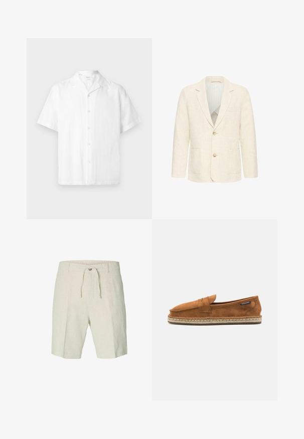 Blazer pour homme couleur crème avec deux boutons marron, revers crantés, poches avant et doublure intérieure rayée.; Chemise blanche à manches courtes boutonnée avec col camp, fabriquée en tissu léger, présentée sur un fond uni.; Shorts en lin beige clair, avec taille à cordon de serrage, plis sur le devant et deux poches latérales. Texture lisse avec un design décontracté.; Chaussure slip-on en suede marron avec un bout arrondi, présentant une semelle en jute tissée et une petite sangle d'accent à l'avant.