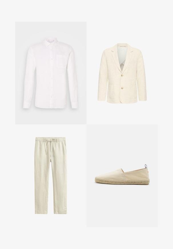 Blazer pour homme couleur crème avec deux boutons marron, revers crantés, poches avant et doublure intérieure rayée.; Chemise en lin blanche à manches longues, avec col boutonné, poche poitrine simple et coupe droite. Texture lisse, design minimaliste.; Pantalon en lin beige clair avec taille à cordon, fermeture boutonnée et coupe droite.; Espadrille en toile beige avec un bout rond, semelle en jute tressé et un petit accent rouge et bleu sur le talon. Légère et sans fermeture.