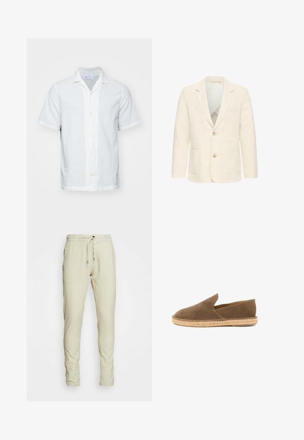 Blazer pour homme couleur crème avec deux boutons marron, revers crantés, poches avant et doublure intérieure rayée.; Chemise en lin à manches courtes de couleur blanche claire, avec un col, un devant boutonné et une texture subtile. Présente un ourlet droit et des manches retroussées.; Pantalon de jogging beige clair avec une taille élastique, cordon de serrage ajustable et jambes fuselées. Fabriqué en tissu doux et respirant. Pas de motifs visibles.; Espadrille marron en daim à enfiler avec semelle en jute tressée et côtés bas, conçue pour un usage décontracté.