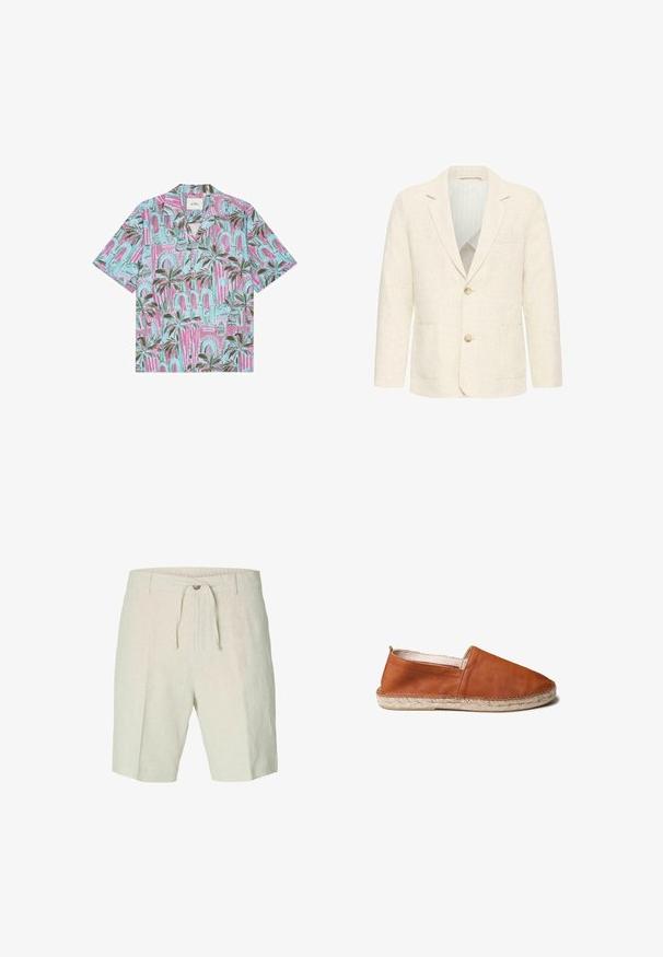Blazer pour homme couleur crème avec deux boutons marron, revers crantés, poches avant et doublure intérieure rayée.; Chemise à manches courtes boutonnée avec motif de palmiers et d'arcs en rose, bleu et vert.; Shorts en lin beige clair, avec taille à cordon de serrage, plis sur le devant et deux poches latérales. Texture lisse avec un design décontracté.; Espadrille en cuir marron à enfiler avec semelle en jute tressée et détail de couture simple, présentée de profil sur fond blanc.