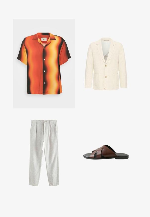Cremefarbener Herrenblazer mit zwei braunen Knöpfen, Notch-Revers, Vordertaschen und gestreiftem Innenfutter.; Kurzärmliges Hemd mit Knopfleiste in leuchtendem Orange und Schwarz mit wellenförmigem Muster. Hergestellt aus glattem Stoff, mit weißen Knöpfen und einem Kragen.; Hellgraue Leinenhose mit zulaufenden Beinen, Knopf- und Schnurverschluss an der Taille und Seitentaschen.; Braune Herren-Pantoletten aus Leder mit gekreuzten Riemen und schwarzer Sohle, seitlich auf weißem Hintergrund dargestellt.