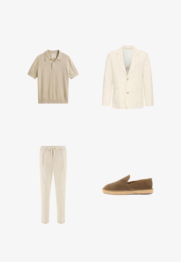 Blazer pour homme couleur crème avec deux boutons marron, revers crantés, poches avant et doublure intérieure rayée.; Polo beige à manches courtes avec poignets et ourlet côtelés, patte à deux boutons, et étiquette de la marque GANT à l'intérieur du col.; Pantalon beige à taille élastique avec poches avant et coupe droite, conçu pour une tenue décontractée ou relaxée.; Espadrille marron en daim à enfiler avec semelle en jute tressée et côtés bas, conçue pour un usage décontracté.