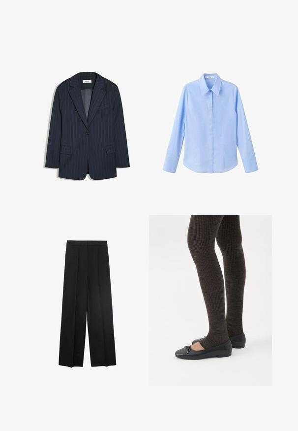 Marineblå enkelt-knaps blazer med tynde hvide nålestriber, hakomslag og forlommer med klap.; Lyseblå skjorte med knapper foran, lange ærmer, klassisk krave, glat tekstur, skræddersyet pasform og sidesømme for et struktureret udseende.; Bredde ben sorte bukser med en glat tekstur, med plisseringer foran og en høj talje-design. Ingen synlige lommer eller hardware.; Ben iført mørke ribbede leggings kombineret med sorte balletsko med små sløjfedetaljer på hvid baggrund.