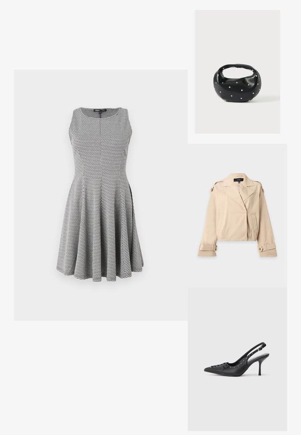 Beige cropped trenchcoat med brede revers, knappede skulderstropper og justerbare knappede manchetter, lagt fladt på en hvid baggrund.; Sort-hvid ternet ærmeløs kjole med tætsiddende liv og flagrende nederdel, glat tekstur og subtile sømdetaljer.; Sorte læder slingback stiletto med spids tå, side spændebånd, nitter langs kanten og dekorativ snøring foran.; Sort læderhåndtaske med en rundet form, dekoreret med sølvnitter, og et kort håndtag. Glat tekstur og lynlåslukning.