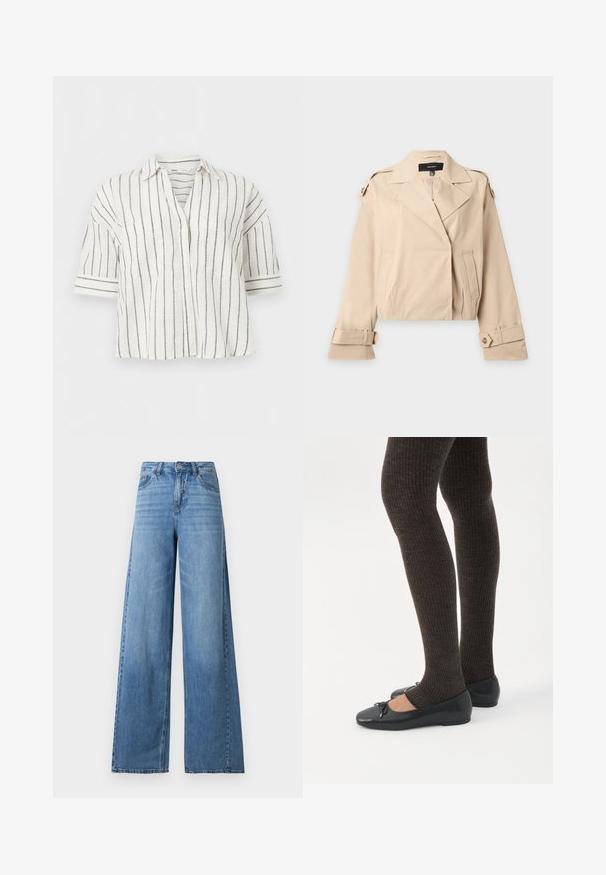 Trench-coat court beige avec larges revers, bretelles boutonnées aux épaules et poignets réglables boutonnés, posé à plat sur un fond blanc.; Chemise blanche à manches courtes avec boutons et rayures verticales noires, col, présentée sur un fond blanc uni.; Jean large taille haute bleu clair avec bouton et fermeture éclair à l'avant, poches avant et arrière, et légère décoloration sur les cuisses.; Jambes portant des leggings côtelés foncés associés à des ballerines noires avec de petits détails en nœud sur fond blanc.