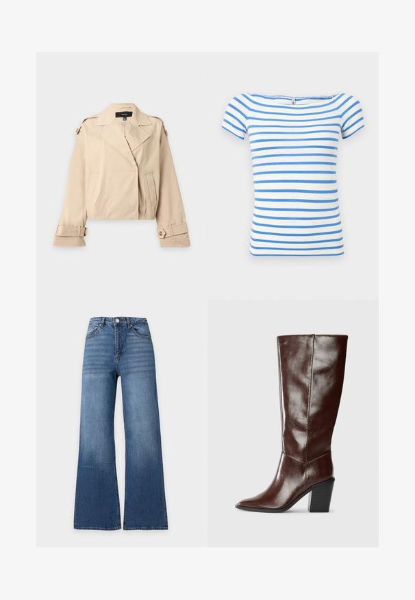 Beiger kurzer Trenchcoat mit weitem Revers, geknöpften Schulterriemen und verstellbaren, geknöpften Manschetten, flach auf weißem Hintergrund ausgelegt.; Weißes kurzärmeliges Oberteil mit horizontalen blauen Streifen und einem weiten Ausschnitt.; Blaue High-Waist-Denim-Jeans mit weitem Bein, Vorderknopf, Reißverschluss und klassischem Fünf-Taschen-Design auf schlichtem hellem Hintergrund.; Hohe, dunkelbraune Lederstiefel mit einer spitzen Zehe und einem gestapelten Blockabsatz, seitlich vor einem schlichten Hintergrund dargestellt.