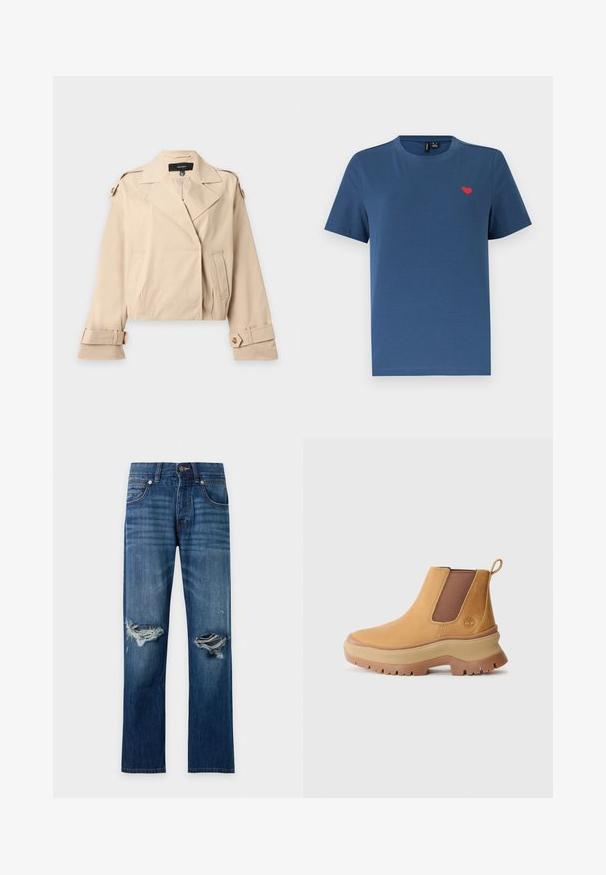 Beige cropped trenchcoat med brede revers, knappede skulderstropper og justerbare knappede manchetter, lagt fladt på en hvid baggrund.; Blå kortærmet T-shirt med rund hals og et lille rødt hjerteemblem på venstre bryst mod en ensfarvet hvid baggrund.; Blå denim jeans med slidte huller på begge knæ, frontlukning med knapper og design med fem lommer.; Brune læder ankelstøvle med elastiske sidepaneler, afrundet tå og tyk gummisål med dyb profil; har en trækstrop bag på hælen.