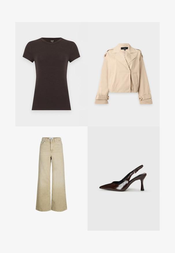 Trench-coat court beige avec larges revers, bretelles boutonnées aux épaules et poignets réglables boutonnés, posé à plat sur un fond blanc.; T-shirt noir à manches courtes, ajusté, à col rond, avec logo GAP à l'intérieur du col, sur un fond clair.; Jean beige à taille haute et jambes larges, avec bouton et fermeture éclair à l'avant, passants pour ceinture et poches avant.; Talons slingback en cuir verni brun avec un bout pointu, un talon fin, et une sangle réglable avec une petite boucle.