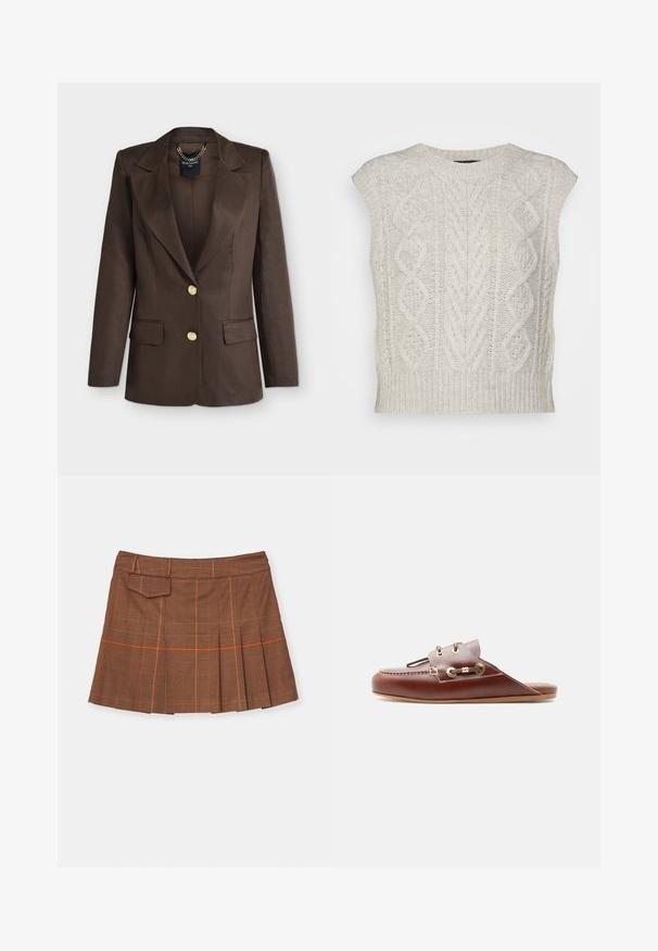 Mørkebrun skræddersyet blazer med brede slag, to gyldne knapper, klaplommer og en synlig kædedetalje inde i kraven.; rag & bone BRODY VEST - Top - light grey; Brunternetternet skørt med plisseret design, orange detaljer og en sidelomme. Fremstillet af tekstureret materiale med en tætsiddende talje.; Brun lædersko med slip-on, moc-tå syning, guldøjelets og dekorativ snøredetalje på siden, flad sål, sideprofil.