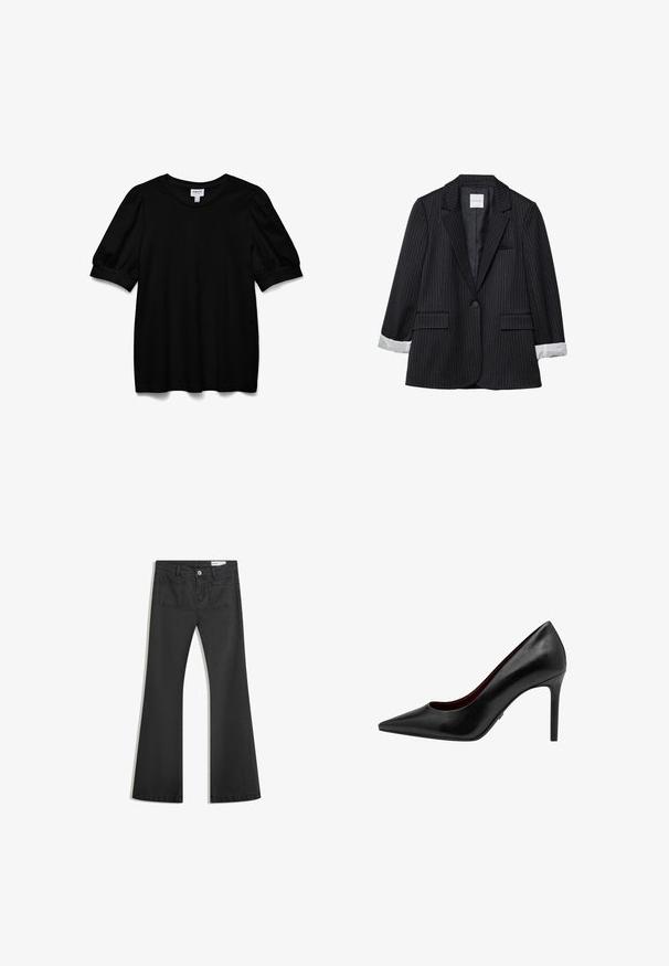 Schwarzer Nadelstreifen-Blazer mit gekerbtem Revers, zwei Vorderentaschen und weißen gestreiften Manschetten. Verfügt über einen Einzelknopfverschluss und ein elegantes Futter.; Schwarzes Kurzarmoberteil mit Rundhalsausschnitt, aus glattem Stoff. Mit Puffärmeln und lockerer Passform. Einfaches, ungeschmücktes Design.; Schwarze Schlagjeans aus Denim mit glatter Textur, ausgestattet mit zwei Gesäßtaschen und einem Knopfverschluss an der Taille.; Schwarze Leder-Pumps mit hohen Absätzen, spitz zulaufendem Design, glatter Textur und dünnem Stiletto-Absatz. Rote Innenausstattung.