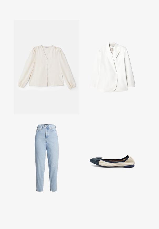 Blazer blanco ajustado con solapas en pico, bolsillo en el pecho y mangas largas. Tejido suave con un ligero brillo, diseño minimalista.; Blusa de marfil con mangas largas abullonadas, escote en V y cierre de botones en la parte frontal. Tejido suave, con un corte relajado y costuras de hombro fruncidas.; Vaqueros de mezclilla azul claro de talle alto con cierre frontal de botones y cremallera, trabillas para cinturón y piernas cónicas.; Zapato plano de mujer en color crema con puntera azul marino, detalle de lazo y borde elástico azul marino, mostrado de perfil sobre fondo blanco.
