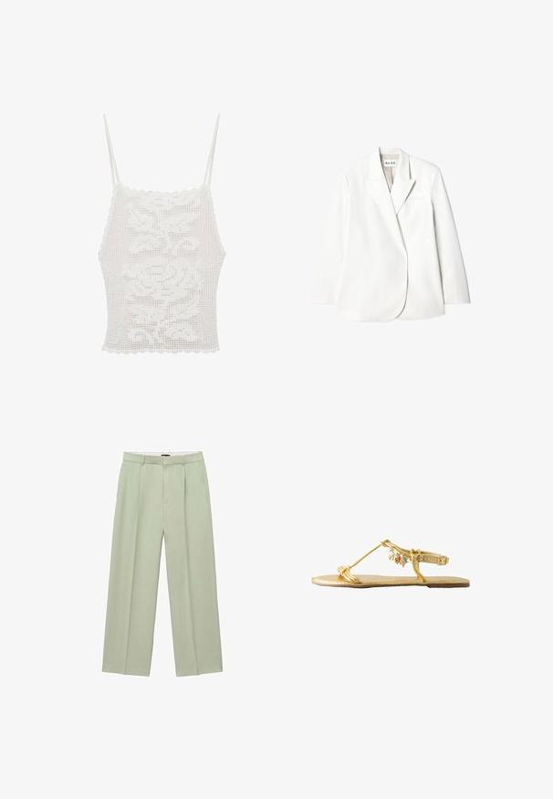 Hvid skræddersyet blazer med notch-lapper, enkelt brystlomme og lange ærmer. Glat stof med en let glans, minimalisk design.; Hvid hæklet top med bølgede kanter og tynde stropper, der har et blomster mønster, lavet af tekstureret blonderlignende materiale.; Lysgrønne bukser med vide ben lavet af glat stof, med høj talje og frontfolder. Har lynlås og sidelommer.; Flad guldsandal med tynde stropper, spænde, og små dekorative charms inklusive en musling og en søstjerne.