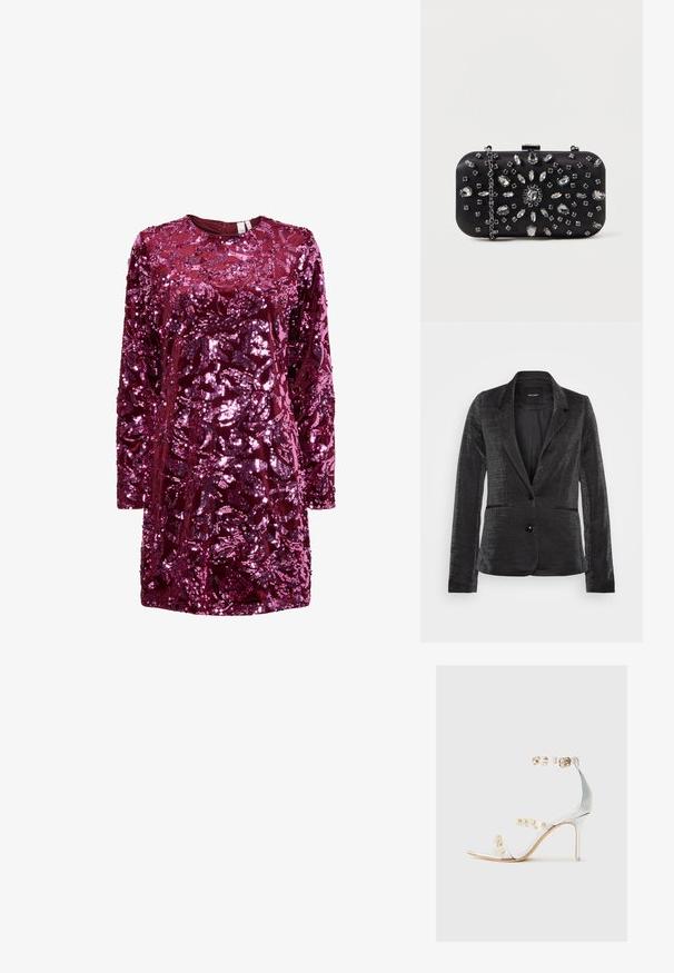 Blazer noir en tissu texturé, avec fermeture à un bouton, deux poches avant et un design de revers classique, doté d'une doublure intérieure lisse.; Robe bordeaux à paillettes avec manches longues, encolure ronde et motif floral texturé. Le tissu est brillant avec une texture moelleuse.; Sandale à talon transparent avec des brides transparentes ornées de clous dorés, talon fin et design ouvert à l'avant avec une finition lisse et brillante.; Pochette noire de forme rectangulaire, ornée de divers strass disposés en motifs floraux, dotée d'une chaîne en argent pour le transport.