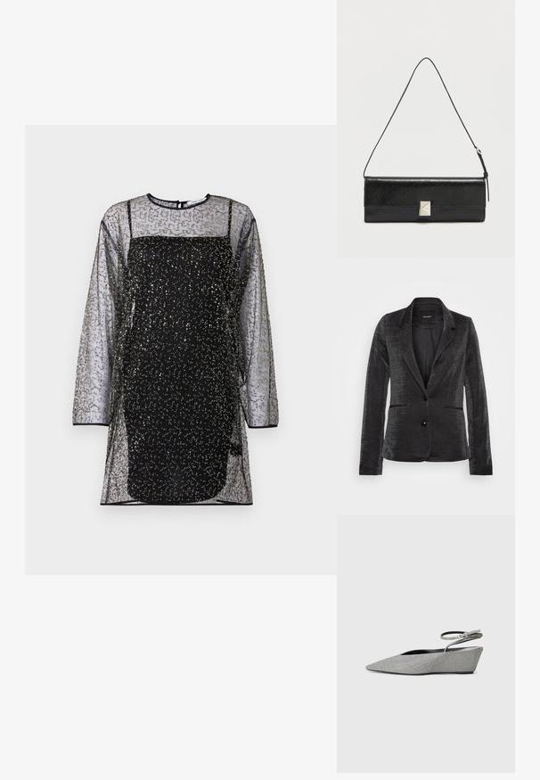 Schwarzer Blazer aus strukturiertem Stoff, mit einem einreihigen Knopfverschluss, zwei Fronttaschen und einem klassischen Reversdesign, das mit einem glatten Innenfutter ausgestattet ist.; Schwarzes Netzkleid mit langen Ärmeln, dekorativen Mustern aus goldenen und silbernen Perlen sowie einem enganliegenden schwarzen Unterkleid. Rundhals-Ausschnitt und Rückenverschluss.; Silberne Keilabsatzschuhe mit spitzer Zehenpartie, Obermaterial aus strukturierter Stoff und Riemendetail am Knöchel. Schwarzes Innenfutter und Gummisohle.; Schwarze Leder-Clutch mit glatter Textur, rechteckiger Form, silbernen Metalldetails und abnehmbarem Tragegurt für Vielseitigkeit.