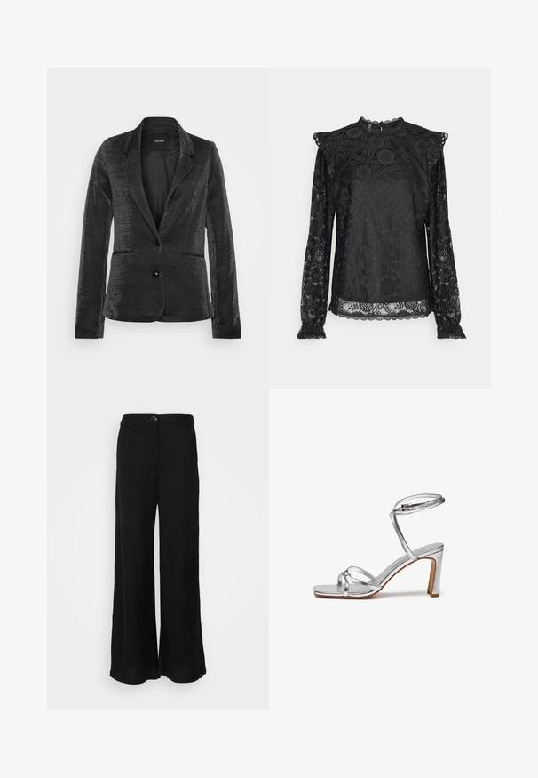 Schwarzer Blazer aus strukturiertem Stoff, mit einem einreihigen Knopfverschluss, zwei Fronttaschen und einem klassischen Reversdesign, das mit einem glatten Innenfutter ausgestattet ist.; PIECES Tall PCOLLINE - Bluse - black; Schwarze, weite Hosen aus luftigem Material, mit glatter Textur, vorderem Knopfverschluss und Seitentaschen.; Silberne High-Heel-Sandalen mit eckiger Zehenpartie, dünnem Knöchelriemen und Riemen über dem Spann. Glänzende Metallic-Oberfläche mit einem 3-Zoll-Blockabsatz.