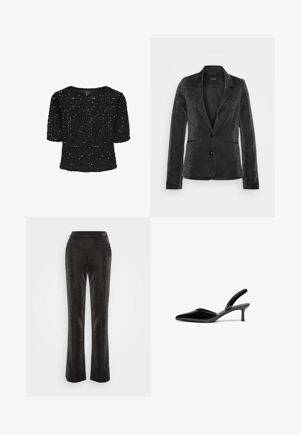 Schwarzer Blazer aus strukturiertem Stoff, mit einem einreihigen Knopfverschluss, zwei Fronttaschen und einem klassischen Reversdesign, das mit einem glatten Innenfutter ausgestattet ist.; Schwarzes kurzärmeliges Oberteil, das mit Pailletten bedeckt ist, mit einem runden Halsausschnitt und einer weichen Textur. Akzentuiert mit Glanz und einem lockeren Schnitt.; Schwarze, ausgestellte Hosen aus einem strukturierten, glitzernden Stoff. Sie verfügen über einen taillierten Bund und Seitentaschen, mit einer glatten Silhouette bis zum Saum.; Schwarze Lackleder-Slingback-Pumps mit spitzem Fuß, niedrigem Stiletto-Absatz und einem eleganten, schlichten Design ohne Verzierungen.