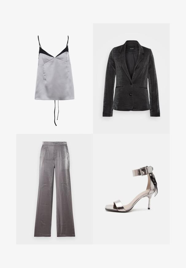 Blazer noir en tissu texturé, avec fermeture à un bouton, deux poches avant et un design de revers classique, doté d'une doublure intérieure lisse.; Camisole en satin gris clair avec des accents noirs et des bretelles fines. Présente une encolure en V, une texture lisse et une silhouette à coupe décontractée.; Pantalons à jambes larges en tissu argenté brillant. Caractéristiques d'une texture lisse avec une taille plate et sans poches visibles.; Sandale à talon ouvert en argent métallisé avec bride à la cheville et boucle, ornée d'un nœud décoratif à l'arrière.