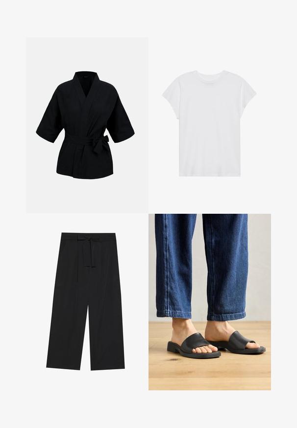 Sort kimono-stil omslagsjakke med brede treskærmsærmer og et bundet bælte i taljen på en ensfarvet baggrund.; Hvid kortærmet t-shirt med rund hals, afslappet pasform, lavet af blødt bomuldsstof. Glat tekstur, ingen mønstre eller logoer.; Sorte, vidde benbukser med bindebælte, der har en glat tekstur og to sidelommer, designet med en oversized silhuet.; Sorte slip-on sandaler lavet af glat materiale, med åben tå og en bred toprem, sat mod mørk denim bukser med lige pasform.