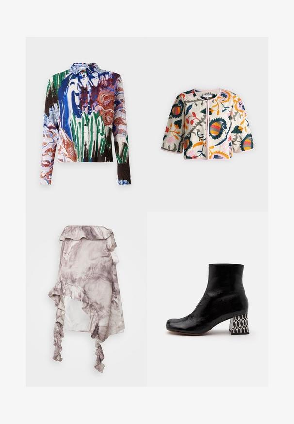 Veste blanche avec une grande broderie florale colorée, manches trois-quarts, col rond et fermeture boutonnée devant.; Henrik Vibskov SLOPE - Chemisier - multi coloured; ROKH MIDI SKIRT RUFFLES - Jupe trapèze - purple; Bottine en cuir verni noir avec un bout carré et un talon épais à motif géométrique noir et blanc.
